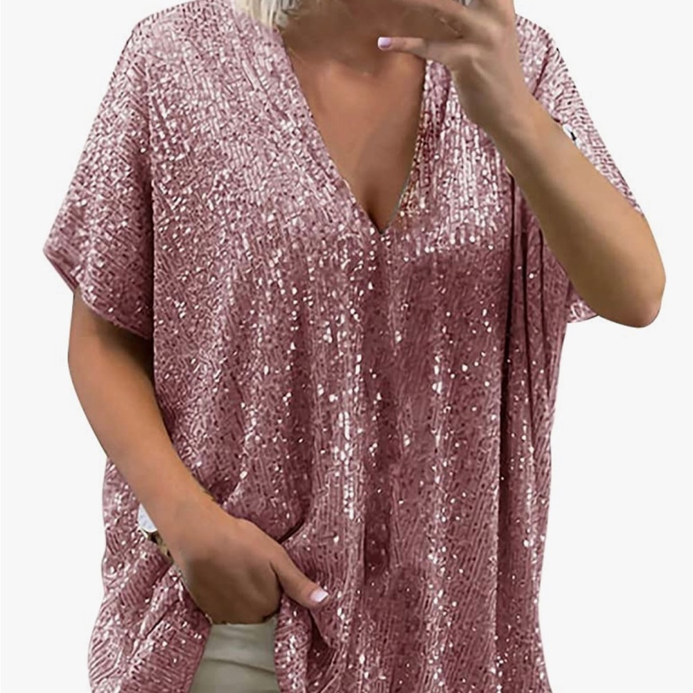 Casual Sparkly Sequins Short Sleeve Tops V Neck